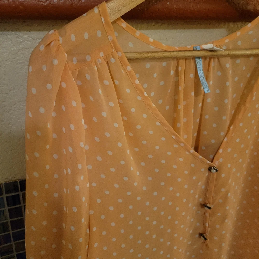 Sheer peach chiffon blouse with white polka-dots. Pearl and gold buttons. Size L - Picture 4 of 12